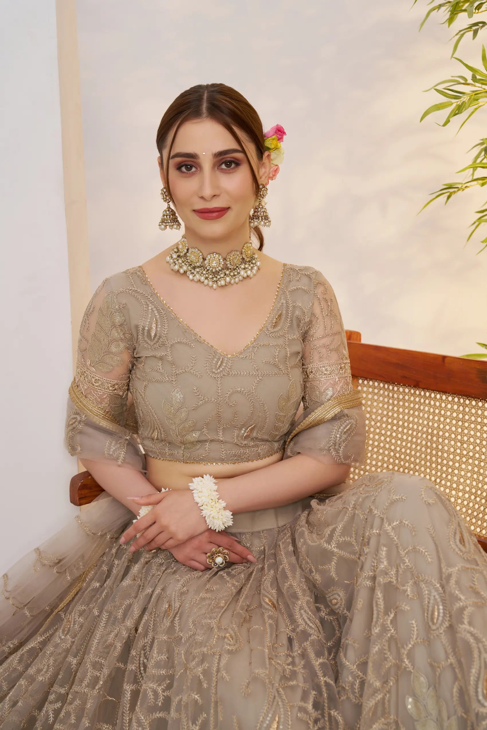 Pastel Brown Sequins Embroidery Net Lehenga Choli