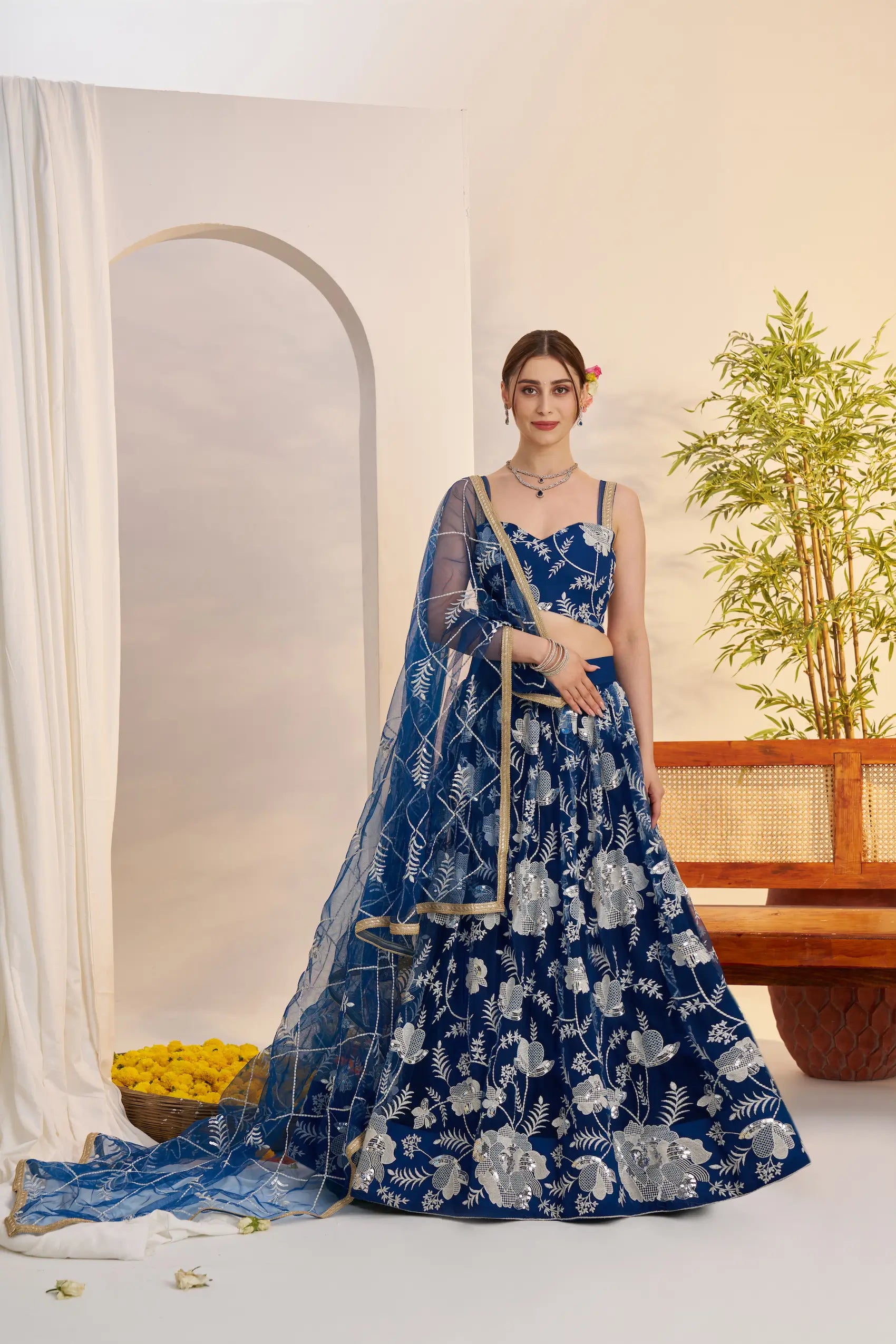 Peacock Blue Sequins Embroidery Net Lehenga Choli