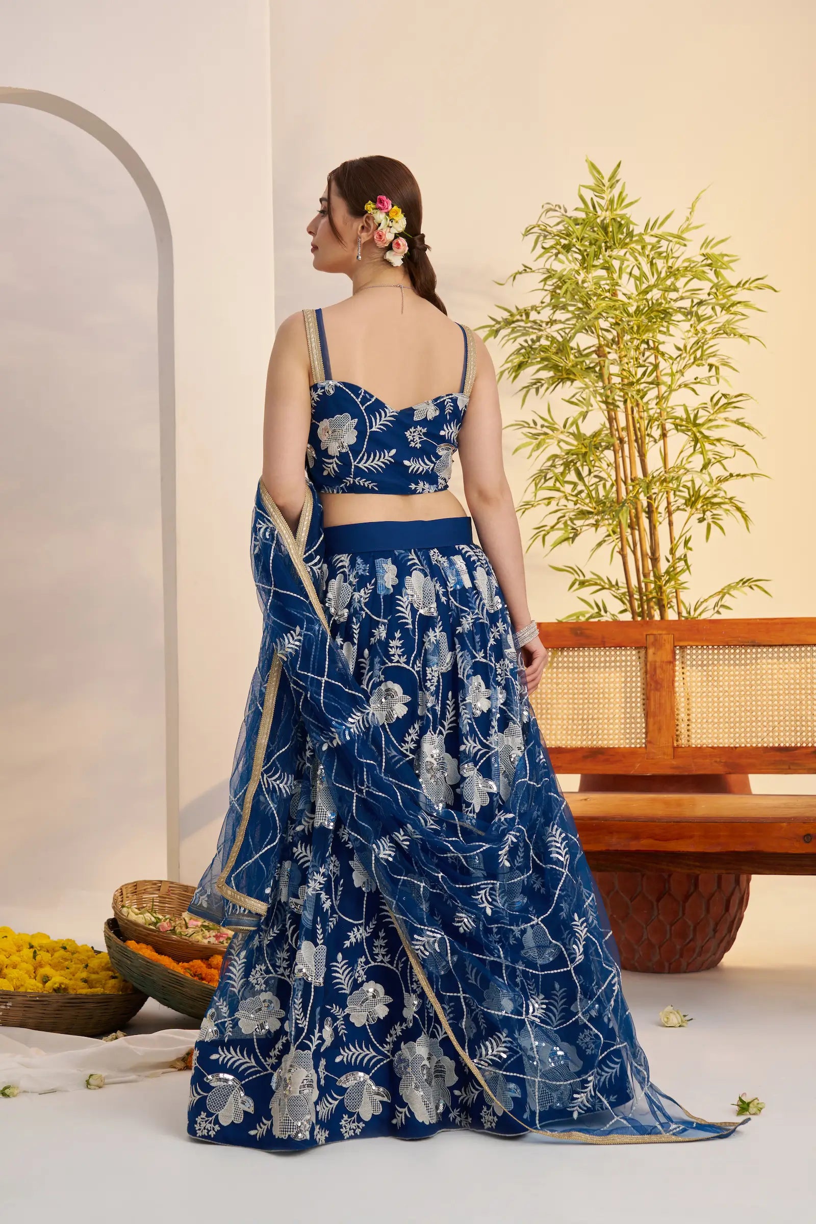 Peacock Blue Sequins Embroidery Net Lehenga Choli
