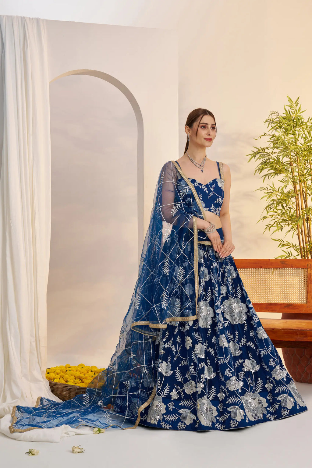 Peacock Blue Sequins Embroidery Net Lehenga Choli