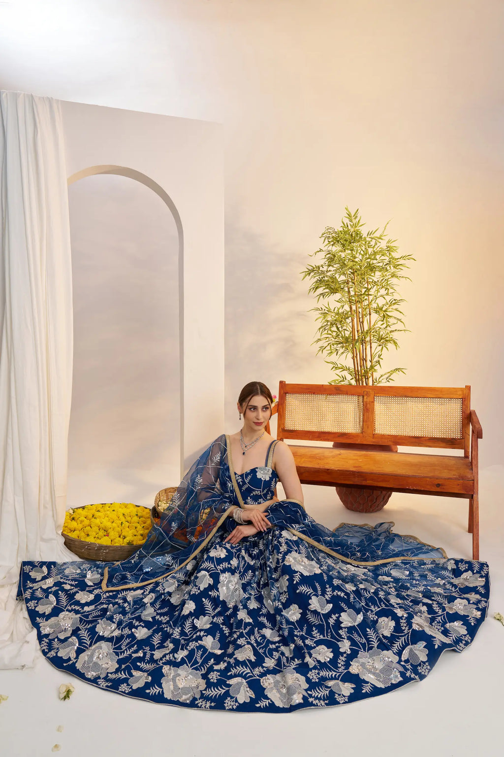Peacock Blue Sequins Embroidery Net Lehenga Choli