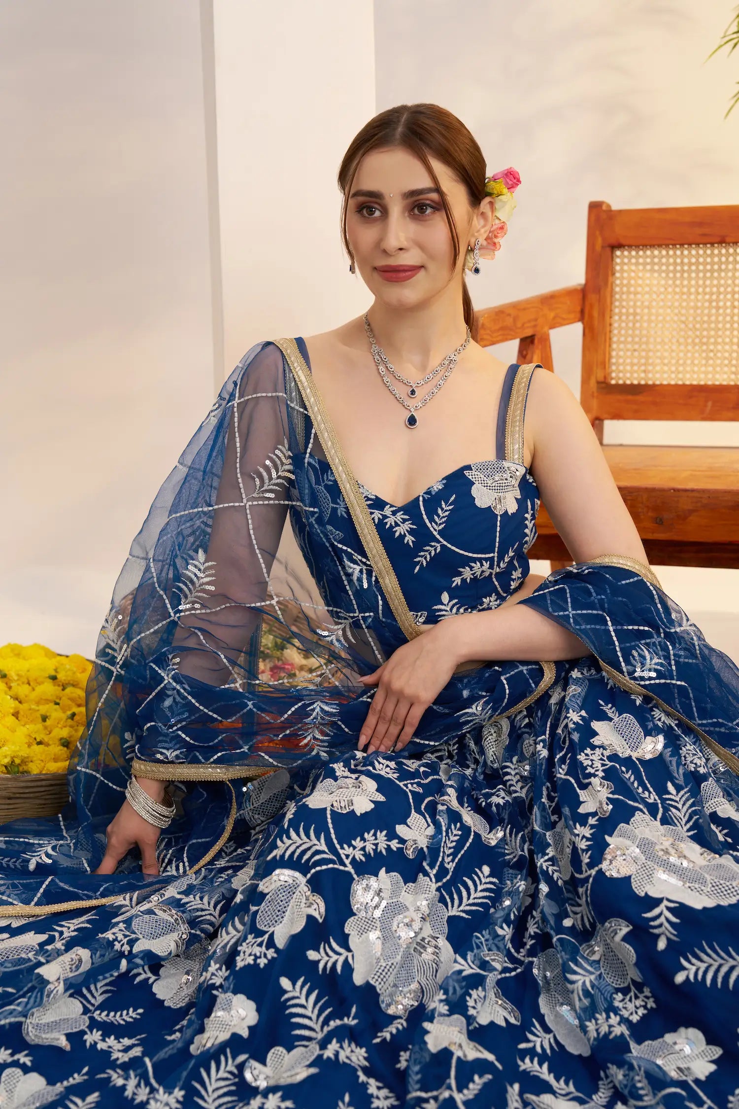 Peacock Blue Sequins Embroidery Net Lehenga Choli