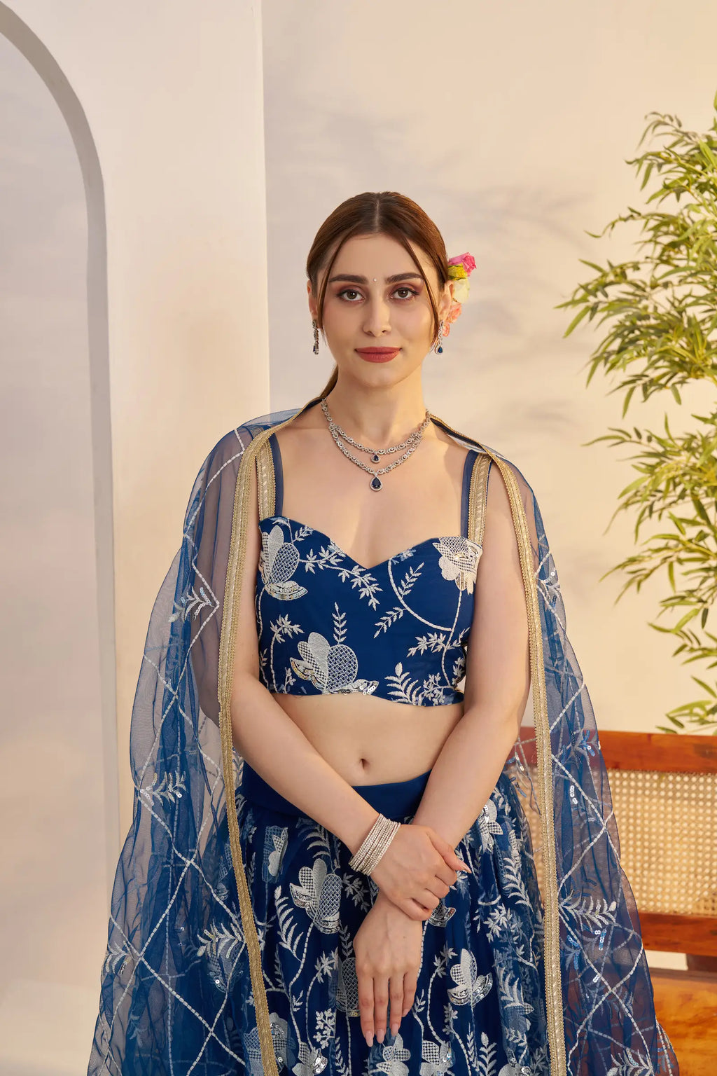 Peacock Blue Sequins Embroidery Net Lehenga Choli