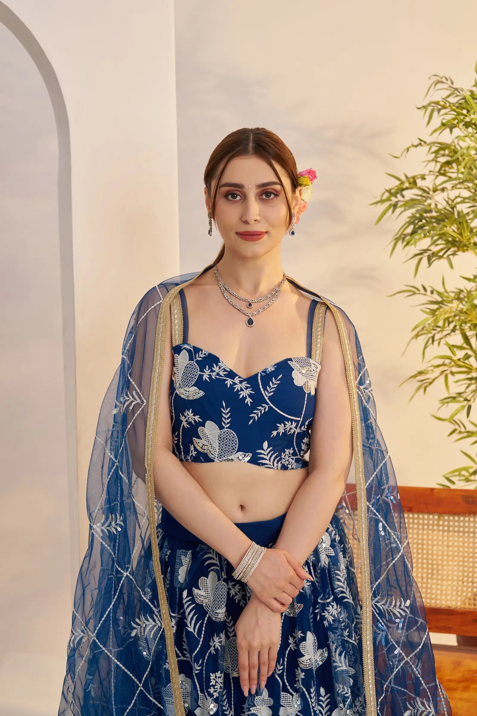 Peacock Blue Sequins Embroidery Net Lehenga Choli