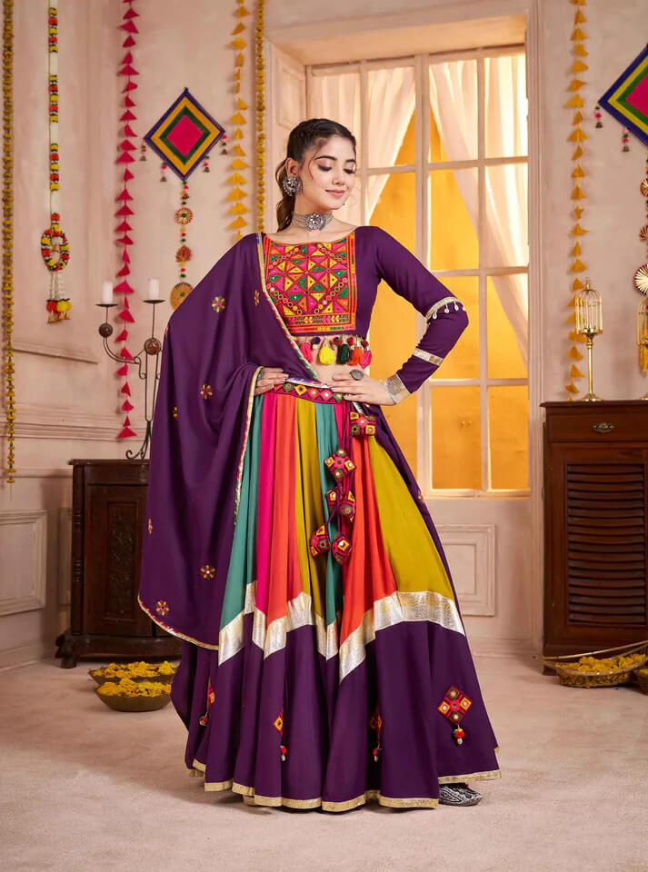 Purple Multi Color Mirror & Thread Work Navratri Lehenga