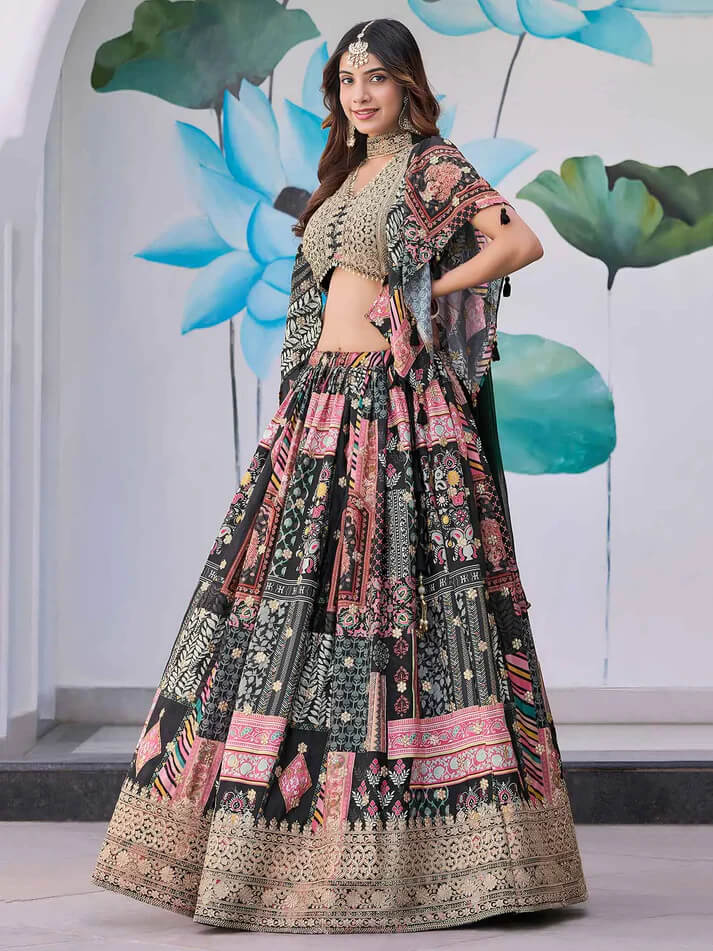 Black Digital Print Lehenga with Choker Dupatta