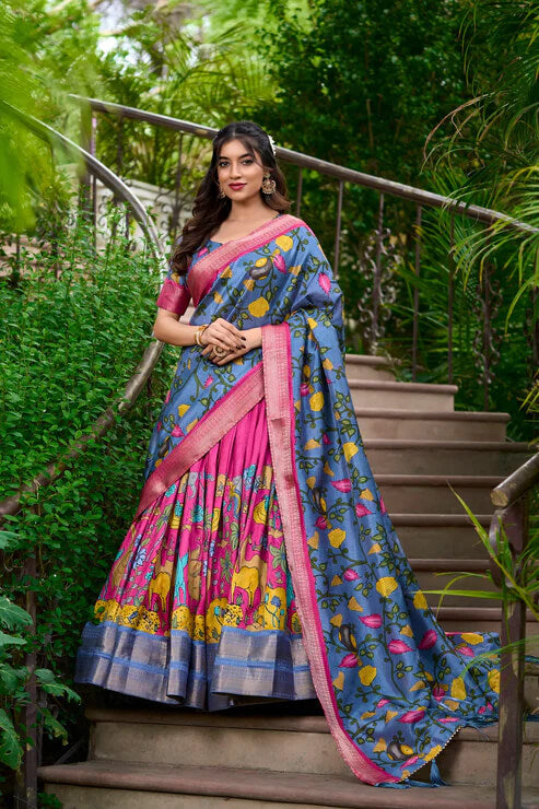 Elegant Pink Dola Silk Lehenga Choli with Kalamkari Print & Zari Work