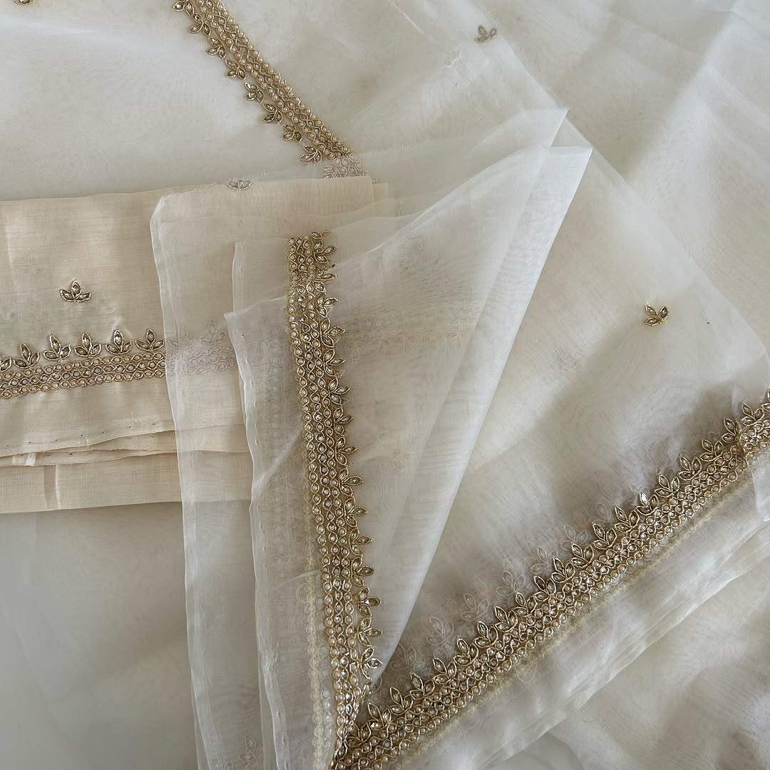 Pearl White Hand Embroidered Organza Silk Saree