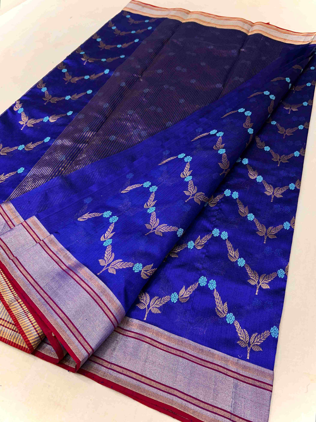 Azure Blue Chanderi Handloom Pattu Silk Meenakari Saree