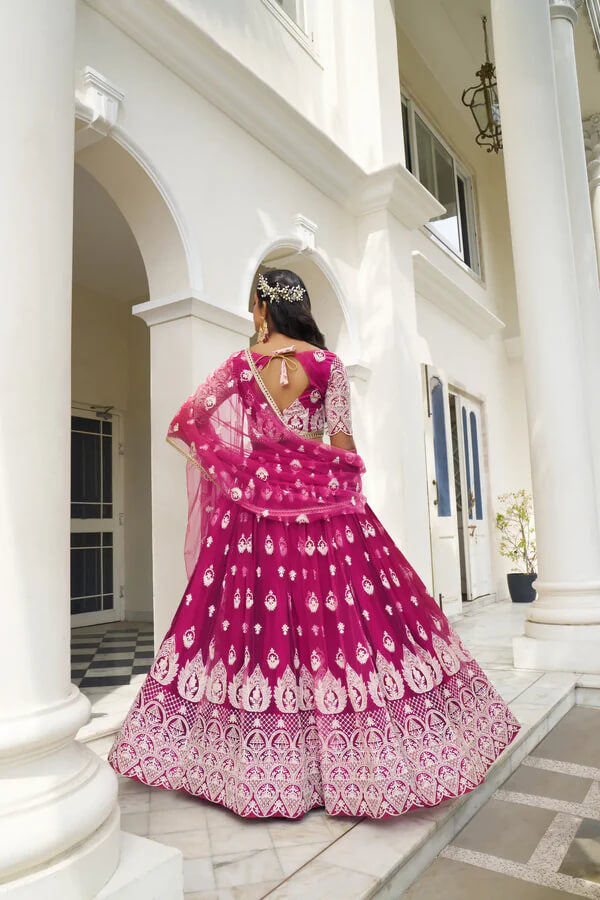 Party Ready Dark Pink Net Lehenga Choli with Cotton Thread Work