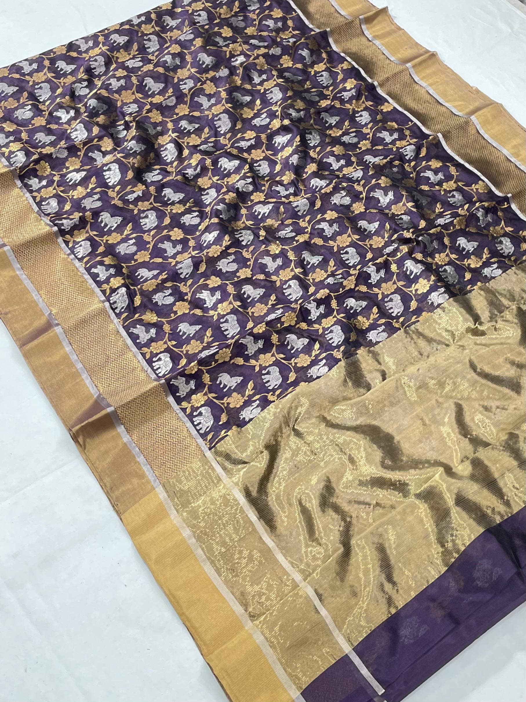 Purple Chanderi Handloom Pattu Silk Shikargah Handwork Saree