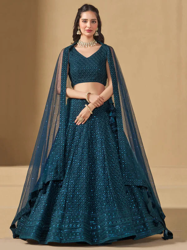 Teal Blue Georgette Lehenga with Sequins Embroidery