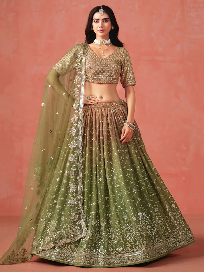 Mehandi Green Gradient Georgette Lehenga with Zari & Sequins