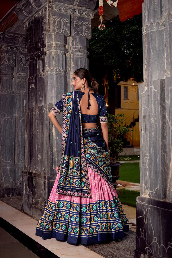 Elegant Light Pink Tussar Silk Lehenga Choli with Ikkat Print