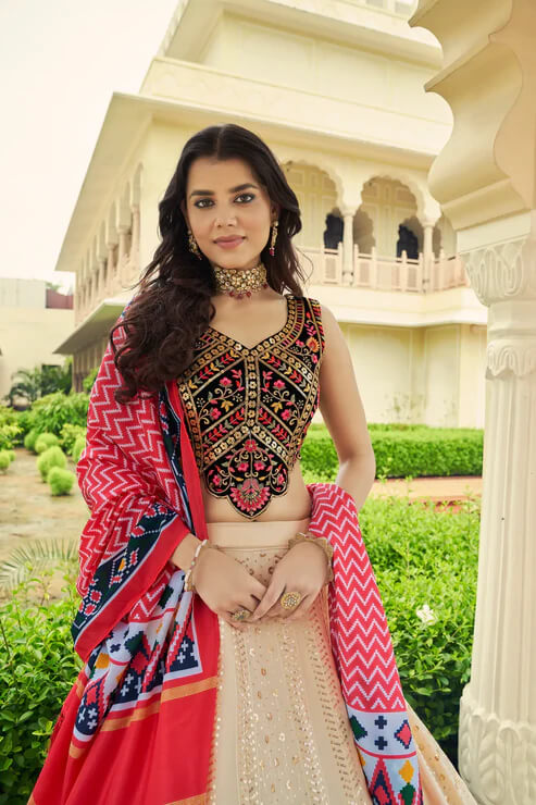 Designer Beige Lehenga Choli with Sequins & Thread Embroidery