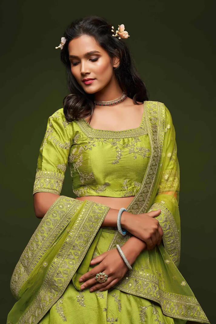 Neon Silk Lehenga with Thread, Zari & Sequins Work