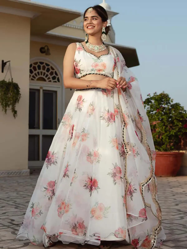 White Organza Lehenga with Floral Print & Embroidery
