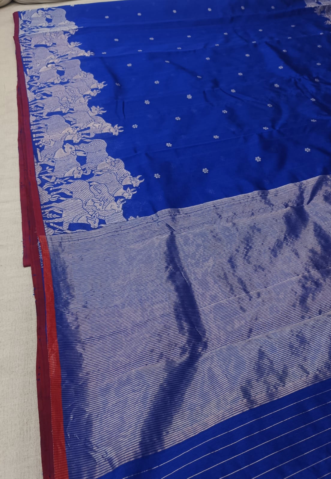 Azure Blue Chanderi Handloom Pattu Silk Handwork Saree