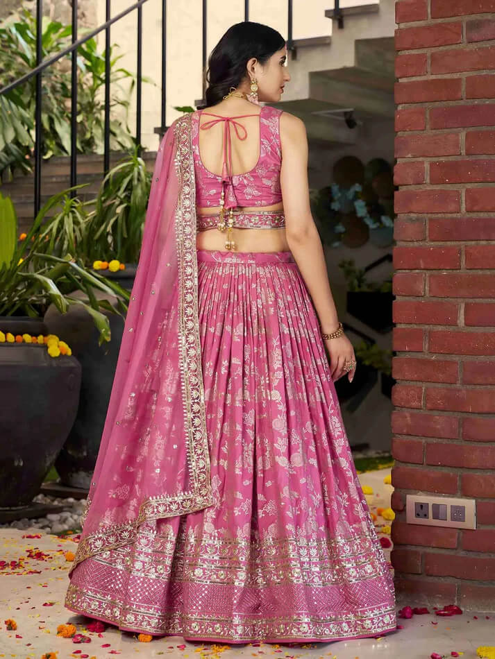 Pink Jacquard Lehenga with Zari & Sequins Work