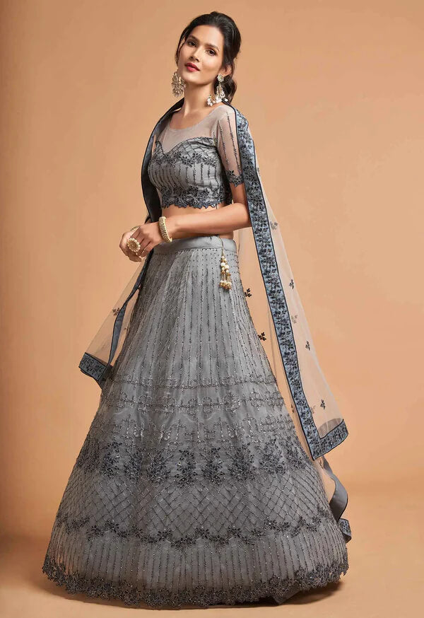 Smokey Grey Soft Net Lehenga with Zari & Thread Work
