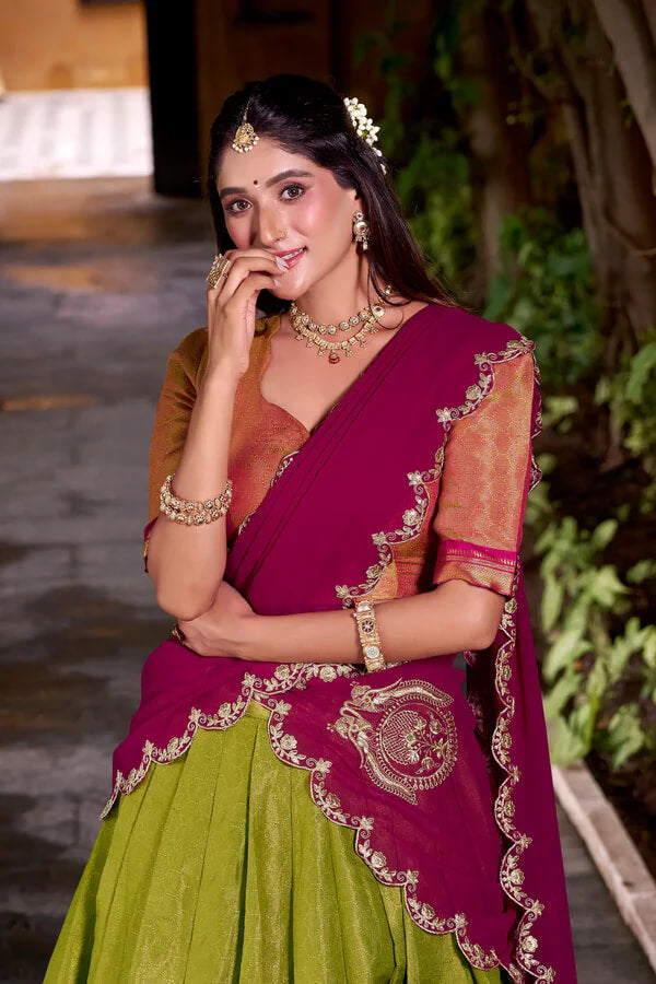 Olive Green Ethnic Lehenga Choli with Kanchipuram Zari Work