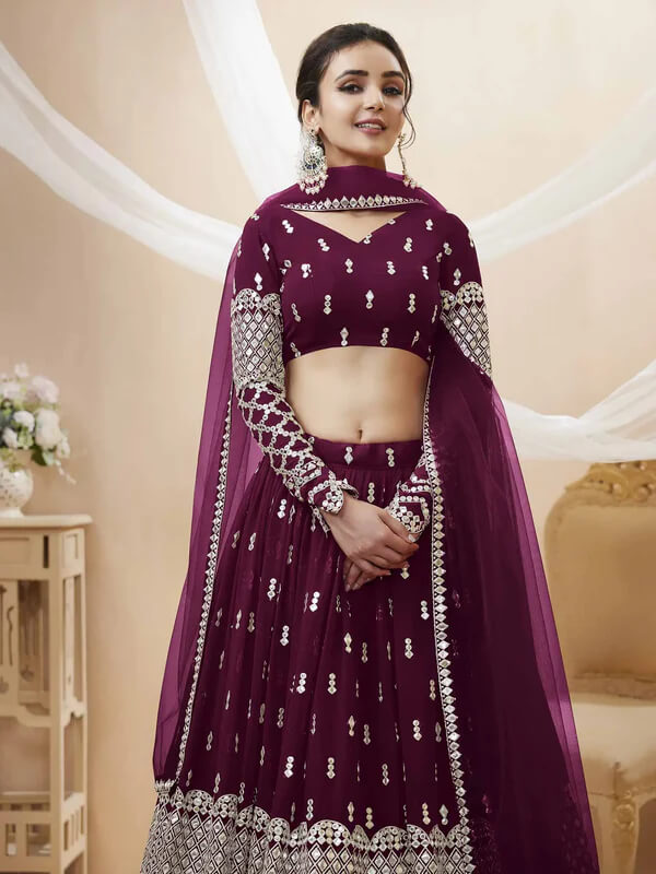 Wine Sequins & Zari Embroidered Georgette Lehenga