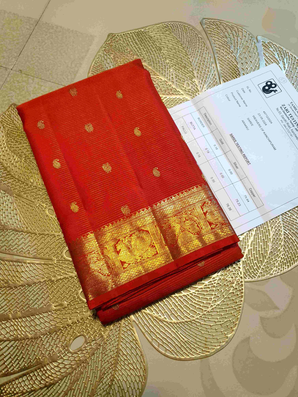 Red Kanchipuram Handloom 2G Pure Gold Vairaoosi Silk Saree
