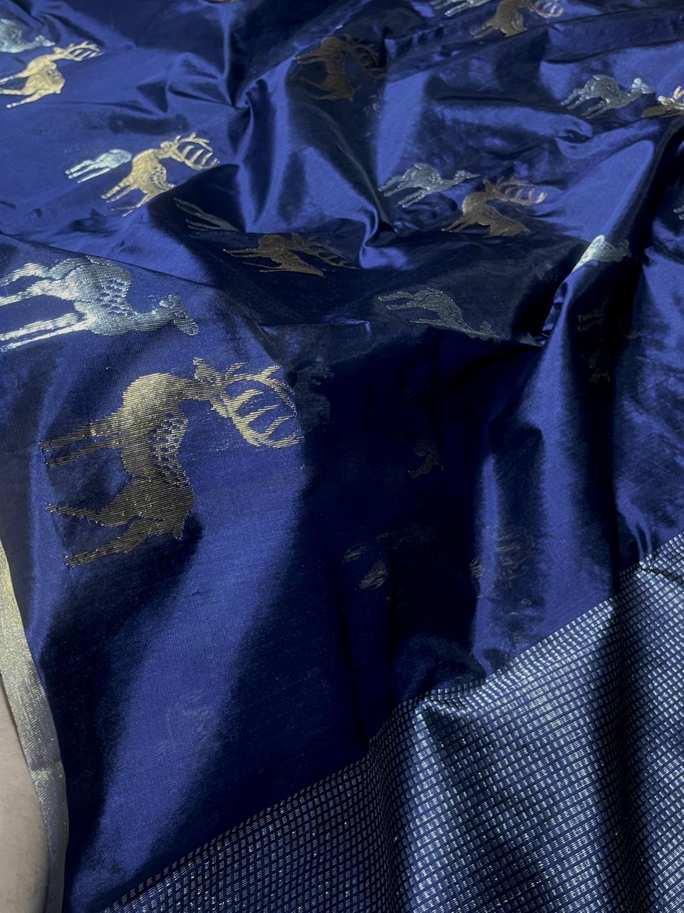 Dark Blue Chanderi Handloom Pattu Silk Sona Rupa Saree