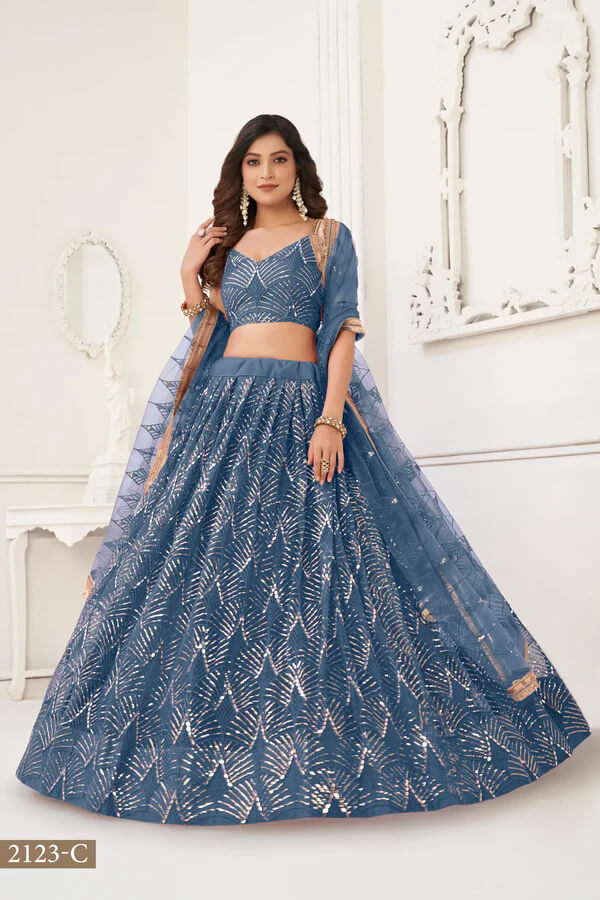 Designer Teal Blue Thread & Mirror Lehenga