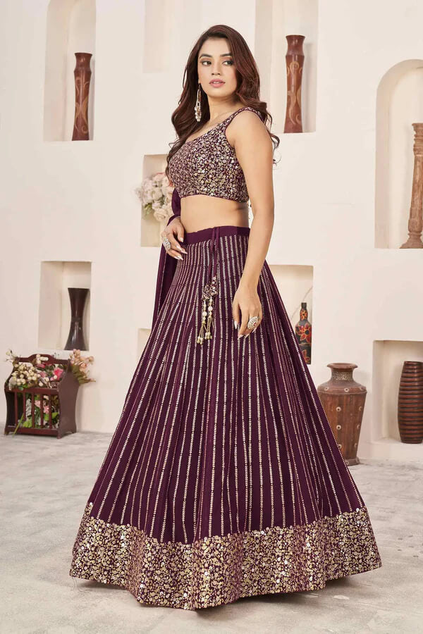 Wine Georgette Lehenga with Sequins & Zari Work