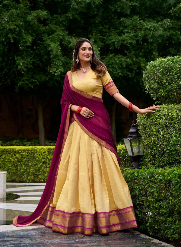 Elegant Beige & Dark Pink Kanchipuram Silk Lehenga Choli