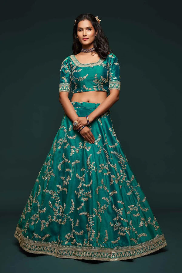 Dark Aqua Green Silk Lehenga with Zari & Sequins Work