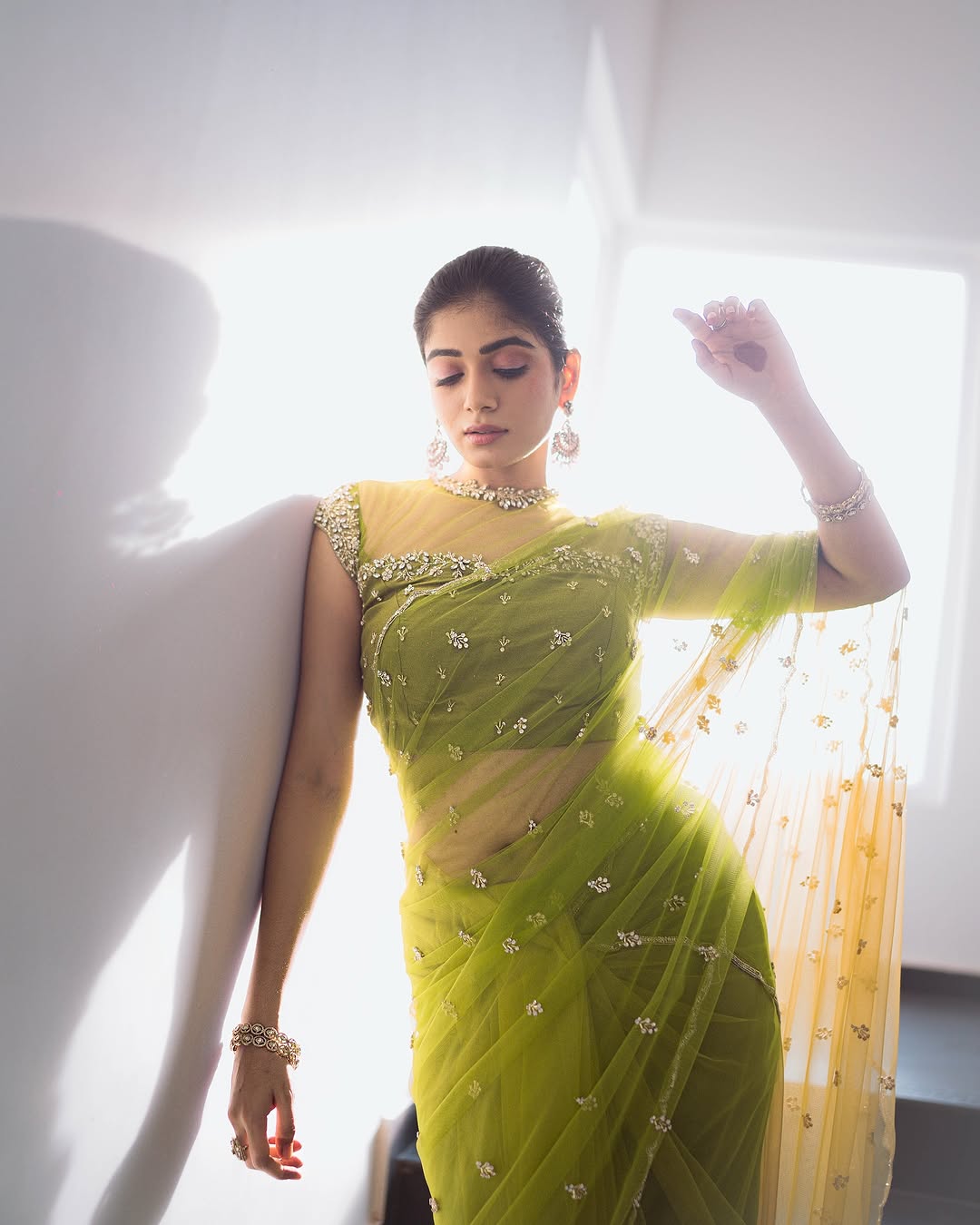 Lime Green Hand Embroidered Soft Net Saree