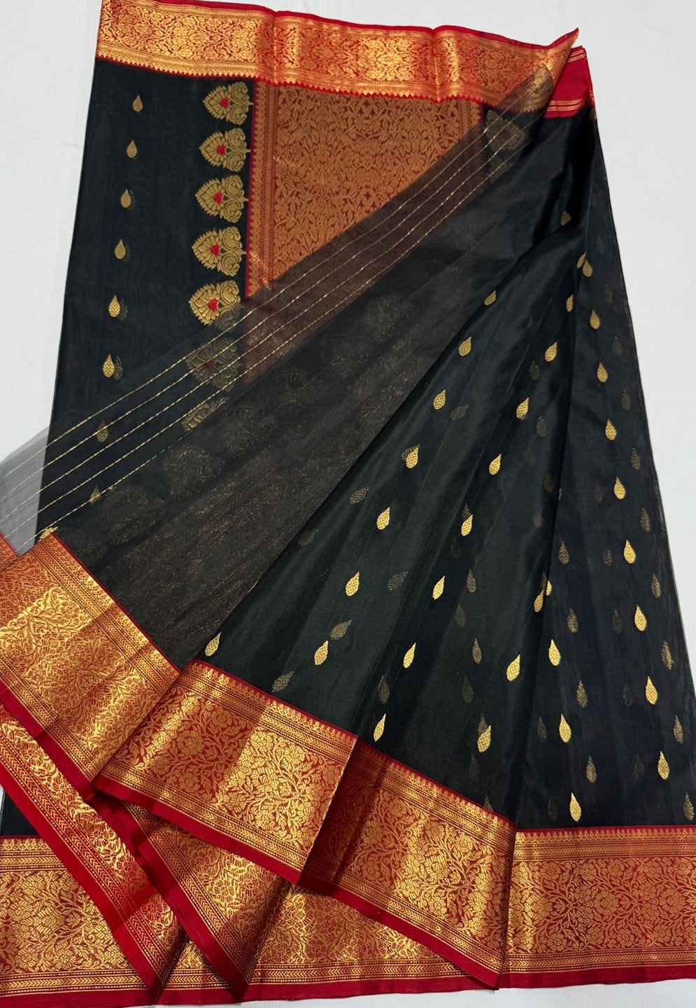 Black Chanderi Handloom Katan Silk Meenakari Saree