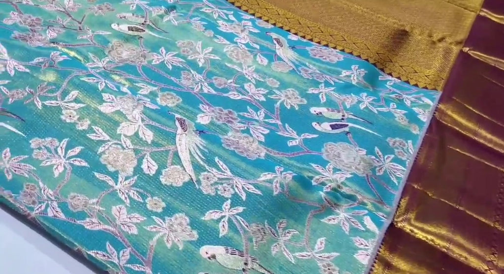 Turquoise Kanchipuram Handloom 4D Tissue Brocade Silk Saree