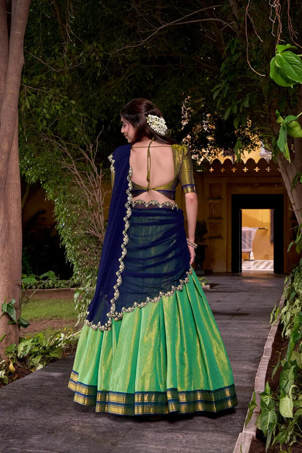 Parrot Green Ethnic Lehenga Choli with Kanchipuram Zari Work