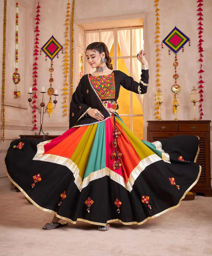 Black Multi Color Mirror & Thread Work Navratri Lehenga