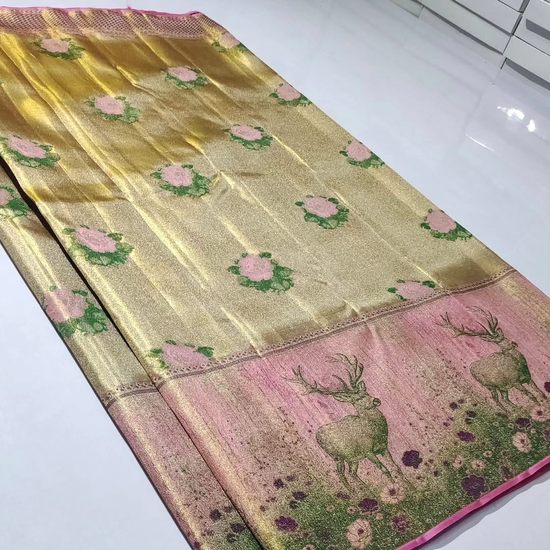 Gold Kanchipuram Handloom Tissue Brocade Silk Saree