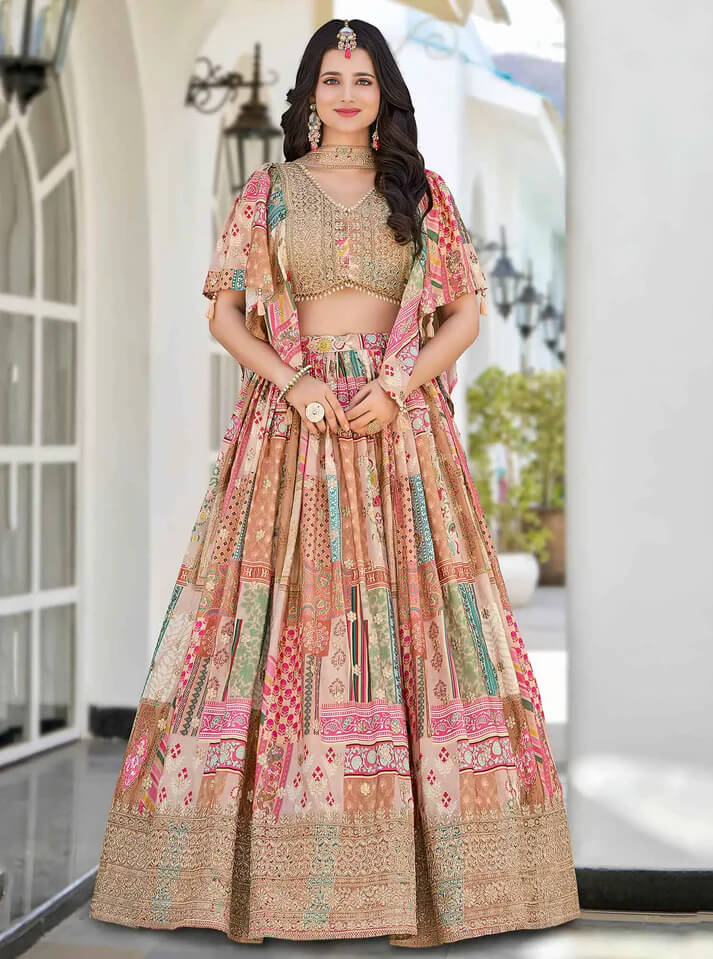 Beige Digital Print Lehenga with Embroidery & Blouse