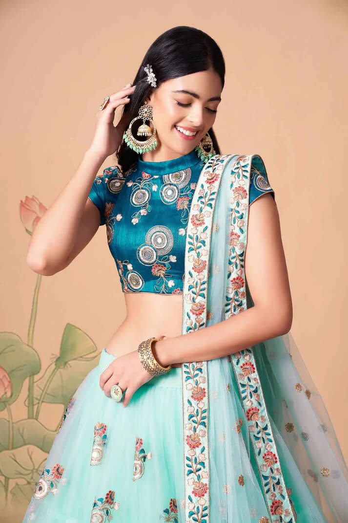 Sky Blue Net Lehenga with Zari, Sequins & Mirror Work