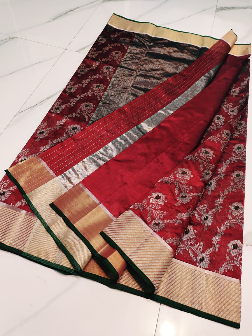 Red Chanderi Handloom Pattu Silk Meenakari Handwork Saree