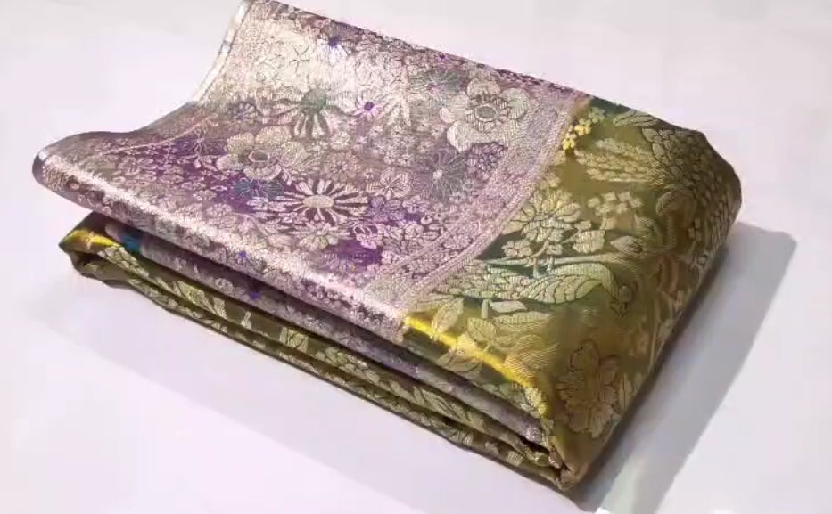 Mehandi Green Kanchipuram handloom Tissue Brocade Meenakari Silk Saree
