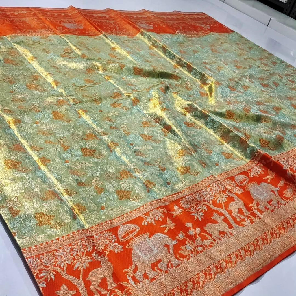Pista Green Kanchipuram Handloom Tissue Brocade Meenakari Silk Saree