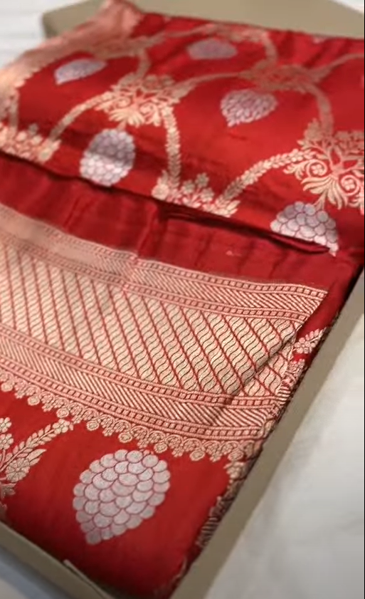 A bridal red Banarasi Katan silk saree featuring intricate hand-woven Sona Rupa zari motifs in gold and silver.