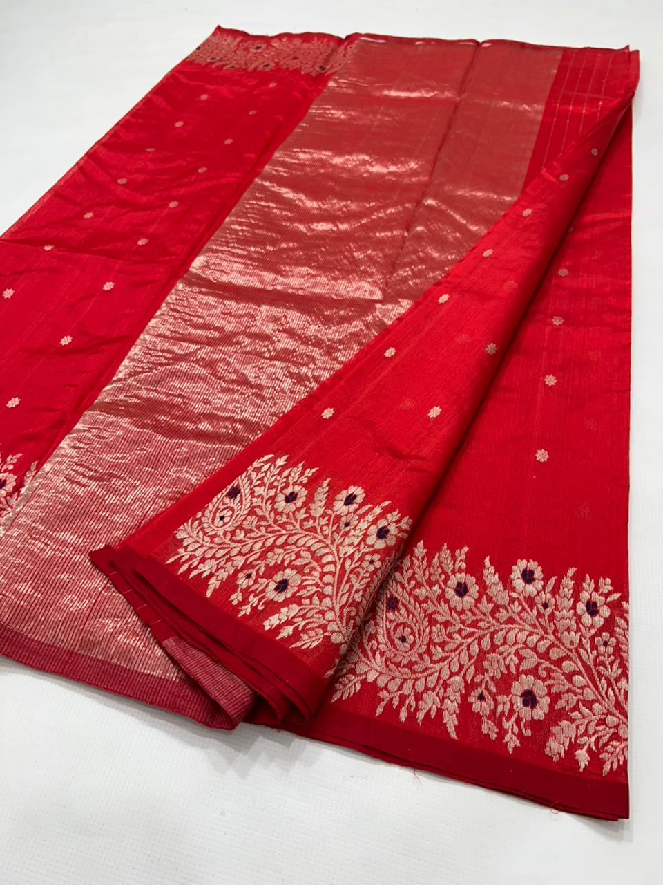 Red Chanderi Handloom Pattu Silk Meenakari Handwork Saree