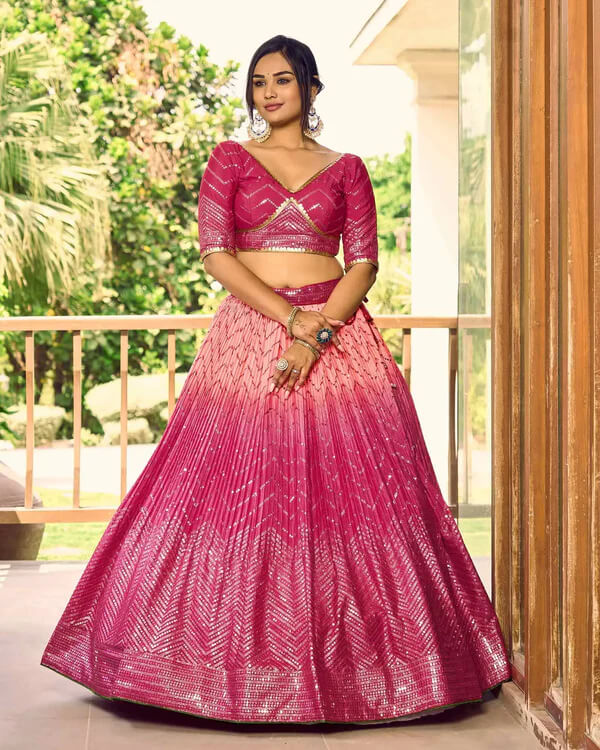 Peach & Pink Lehenga Choli with Thread & Sequins Work