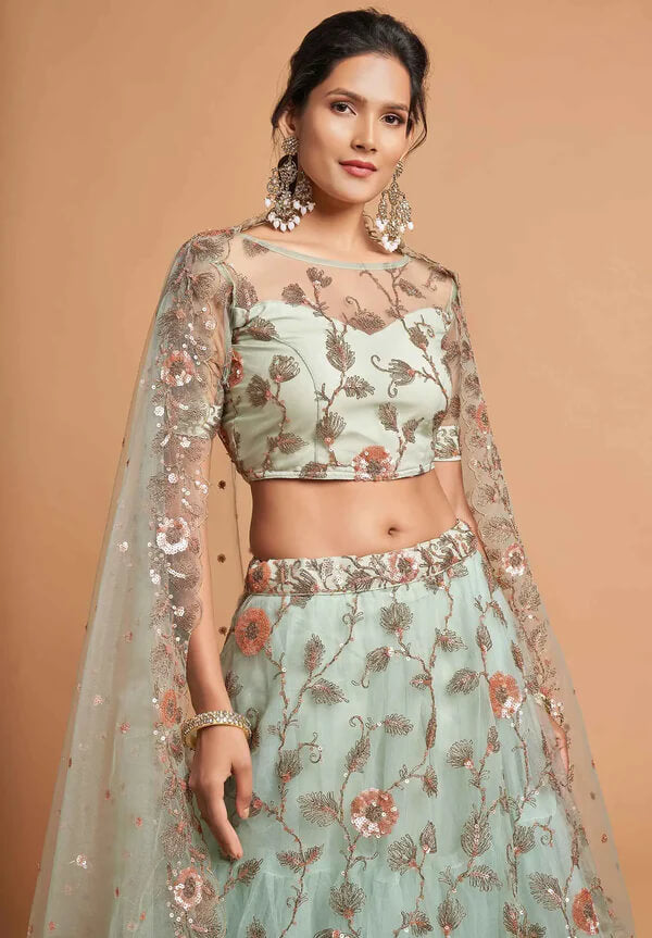 Spanish Green Soft Net Lehenga with Zari & Thread Work