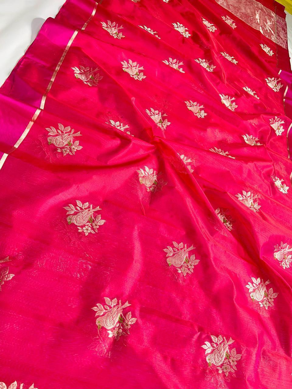 Red Chanderi Handloom Pattu Silk Eknal Buttas Saree