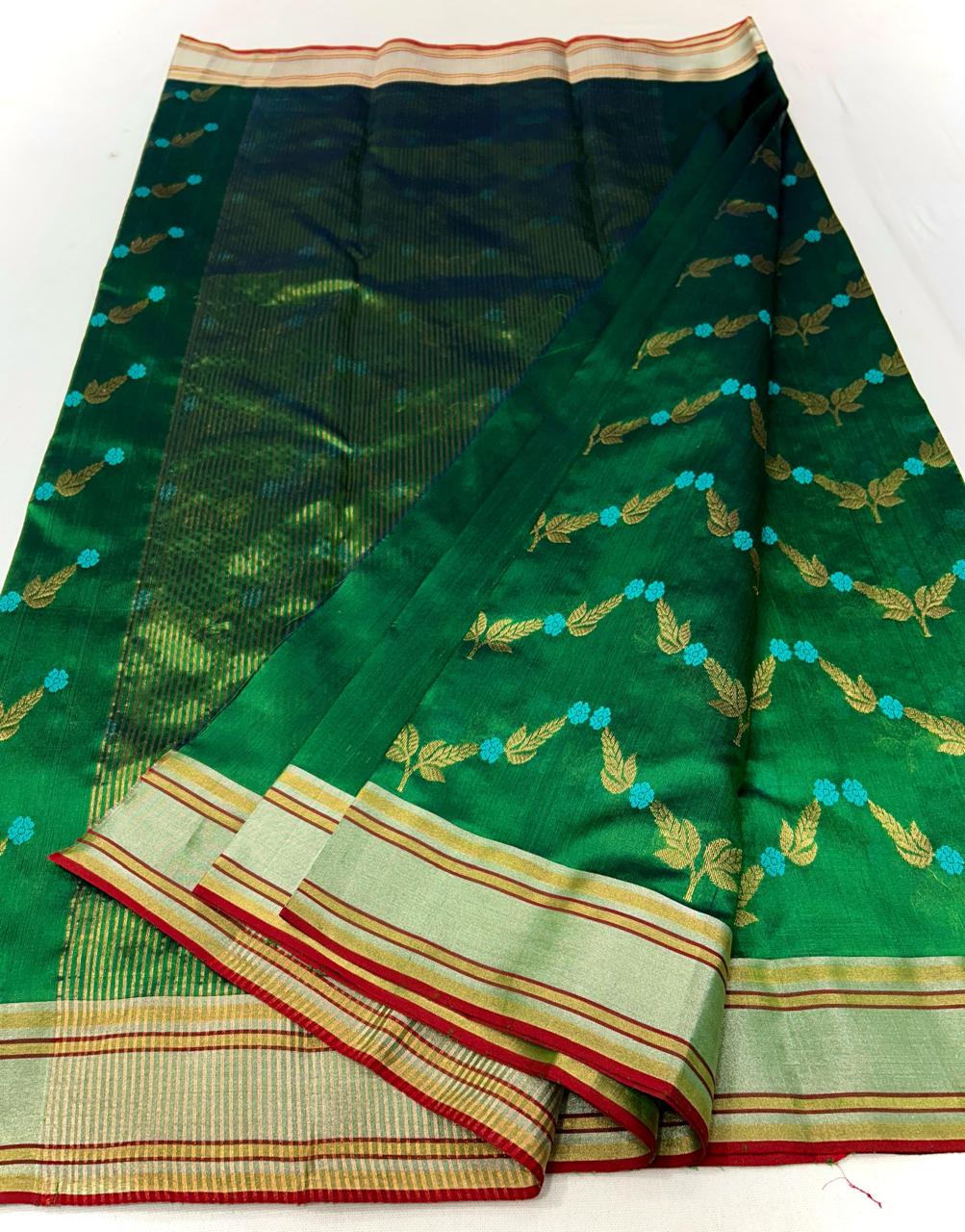 Grøn Chanderi Håndvævet Pattu Silk Meenakari Saree