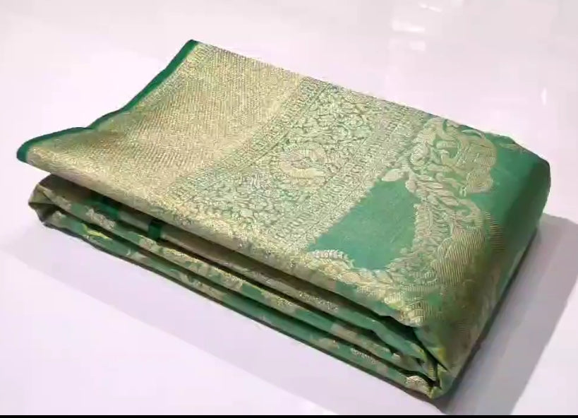 Dual Tone Green Kanchipuram Handloom Tissue Brocade Silk Saree